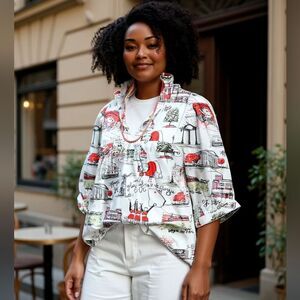 Ruffled All-Over Random Print Spring And Summer Lightweight Puff Sleeve TOP XXL